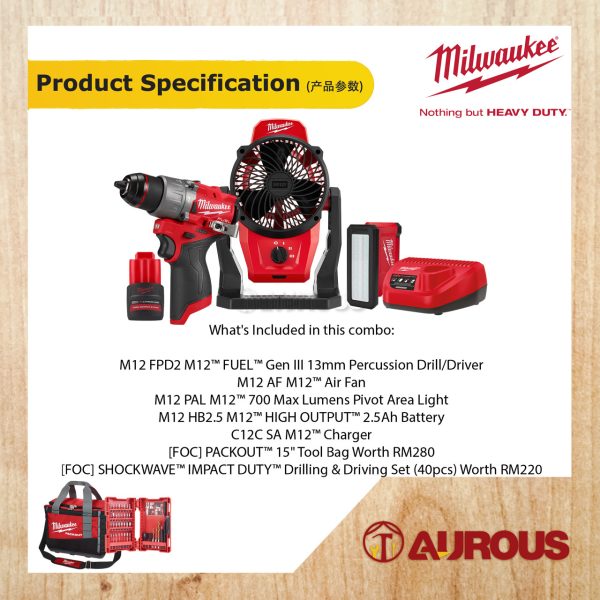 MILWAUKEE M12 FUEL STARTER COLLECTION CORDLESS PERCUSSION DRILL, FAN AND LIGHTING COMBO SET - Image 6