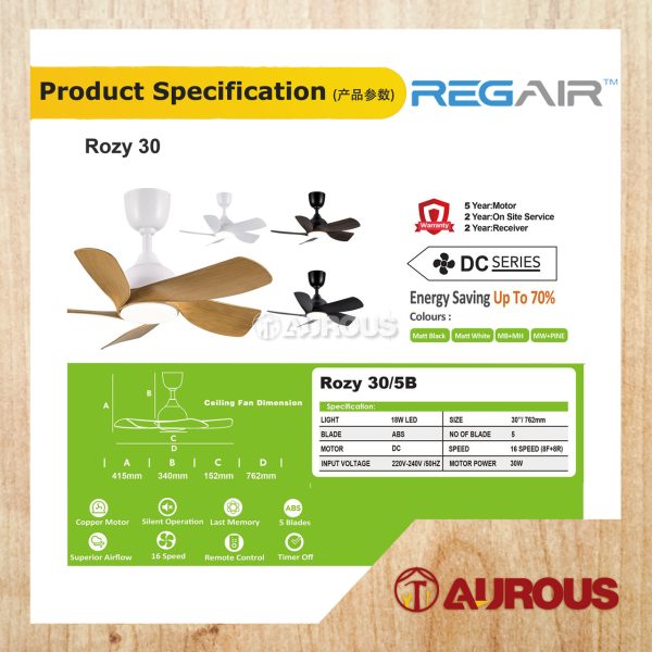 REGAIR INOVO ROZY 30'' 18W LED LIGHT CEILING FAN 5 BLADES WITH DC MOTOR 8+8 SPEED FORWARD REVERSE (ROZY 30) - Image 3