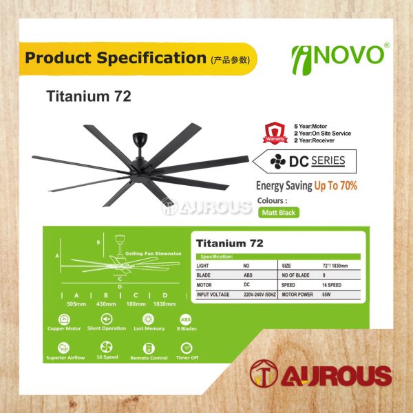 REGAIR INOVO TITANIUM 72'' CEILING FAN 8 BLADES WITH DC MOTOR 8+8 SPEED FORWARD REVERSE TITANIUM72-MB - Image 3