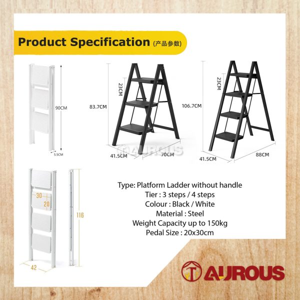 HOUSEHOLD HEAVY DUTY FOLDING STEEL PIPE PLATFORM LADDER WITHOUT HANDLE TYPE (BLACK/WHITE) (3 STEPS/4 STEPS) - Image 5