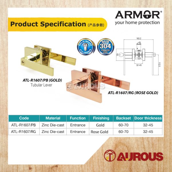ARMOR ENTRANCE TUBULAR LEVER LOCK C/W 60-70MM LATCH BACKSET ATL-R1607 (PB/RG) - Image 5