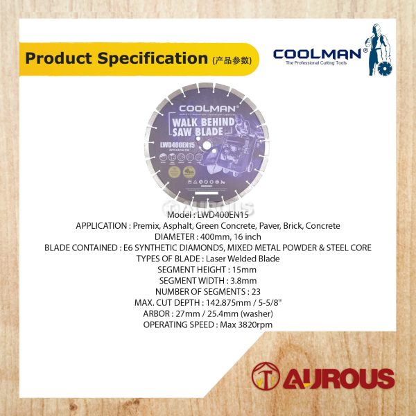 COOLMAN DIAMOND CUTTING DISC 16"/400MM (LWD400EN15) - Image 3