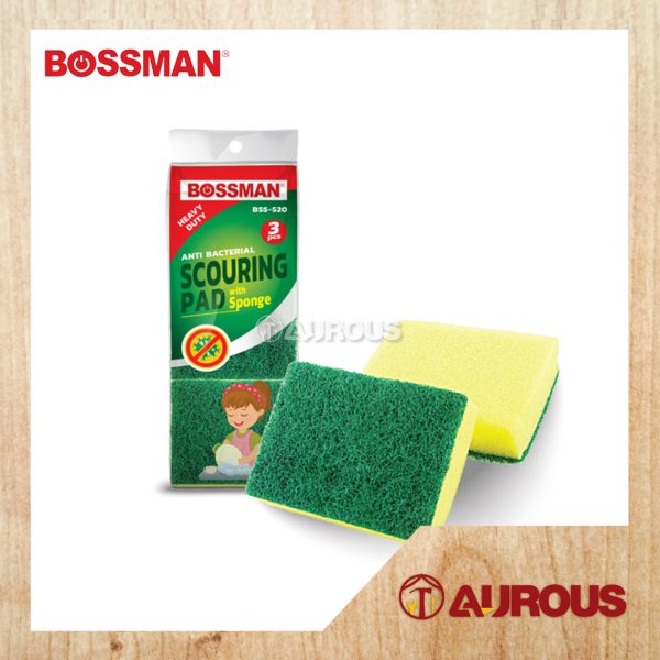 BOSSMAN ANTI BACTERIAL SCOURER GREEN PAD WITH SPONGE BSS-520 (3PCS/PACK)