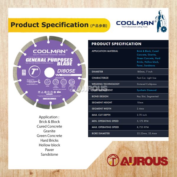 COOLMAN GENERAL PURPOSE BLADE DIAMOND DISC 10MM 7''/180MM (D180SE) - Image 2