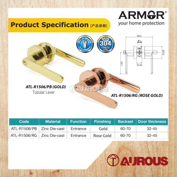 ARMOR ENTRANCE TUBULAR LEVER LOCK C/W 60-70MM LATCH BACKSET ATL-R1506 (PB/RG) - Image 5