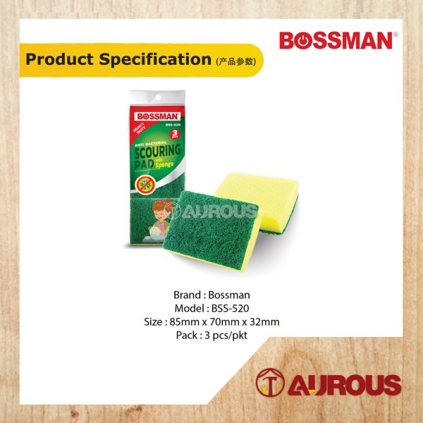 BOSSMAN ANTI BACTERIAL SCOURER GREEN PAD WITH SPONGE BSS-520 (3PCS/PACK) - Image 3