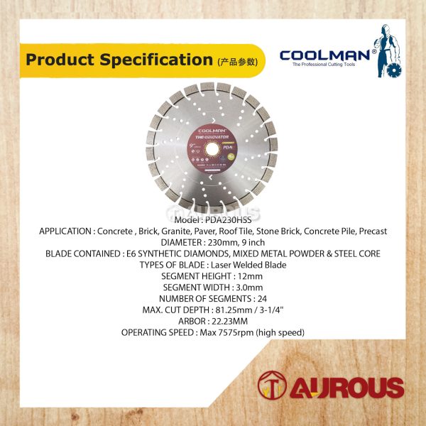 COOLMAN PDA HIGH SPEED LASER WELDED BLADE DIAMOND DISC 9''/230MM (PDA230HSS) - Image 4