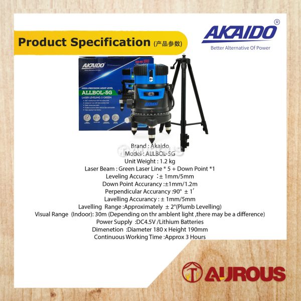 AKAIDO LASER 5 GREEN ALLBOL-5G-T 5 LINE WITH 1.5M LASER TRIPOD ALL-A01 (FULL SET) - Image 7