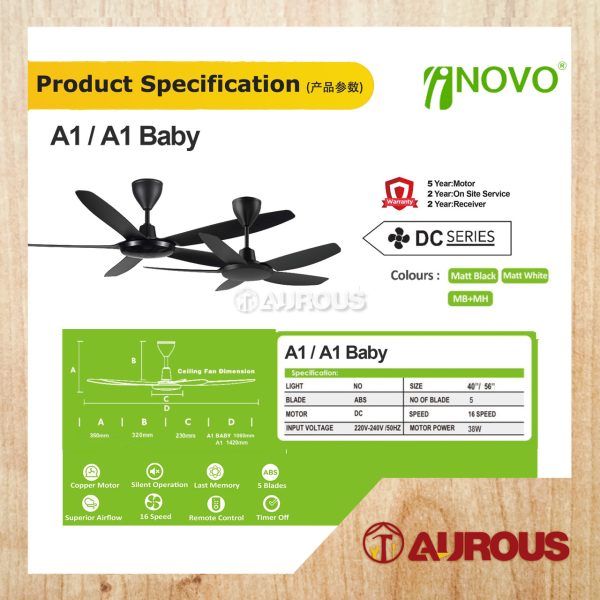 REGAIR INOVO A1/A1 BABY 40''/56'' CEILING FAN 5 BLADES WITH DC MOTOR 8+8 SPEED FORWARD REVERSE - Image 2