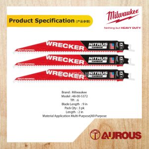 MILWAUKEE 9'' 6TPI MULTI MATERIAL WRECKER WITH NITRUS CARBIDE SAWZALL BLADE (3PCS) 48-00-5372 - Image 3