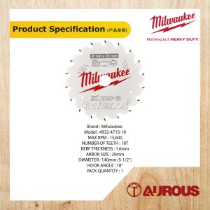 MILWAUKEE FRAMING WOOD CIRCULAR SAW BLADE 140MM X 20MM (4932-4713-10) - Image 3