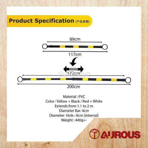 2 METER EXPANDABLE RETRACTABLE CONE BAR POLE TRAFFIC CONNECTING EXTENSION POLE FOR ROAD (BLACK+YELLOW / RED+WHITE) - 1 UNIT - Image 6