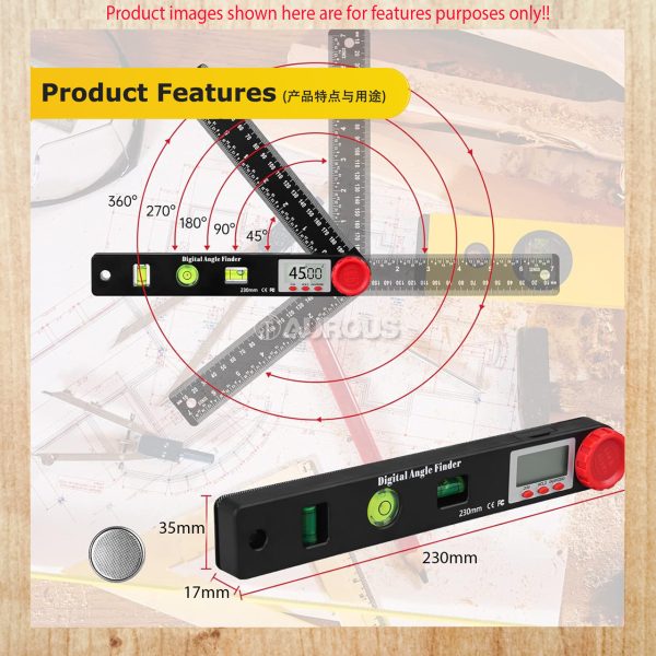 4 IN 1 MULTI-FUNCTION 360° DIGITAL ANGLE RULER & SPIRIT LEVEL 0-190MM (230MM) (BLACK) - Image 8