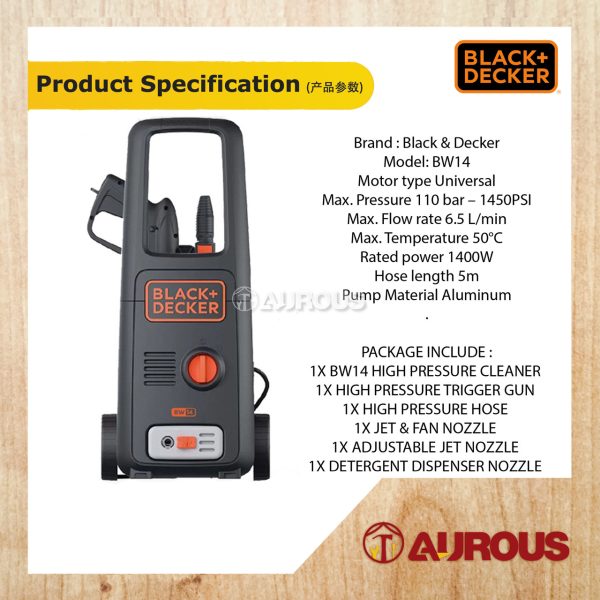 BLACK & DECKER 110 BAR PRESSURE WASHER WATER JET CLEANER 1400W (BW14) - Image 5