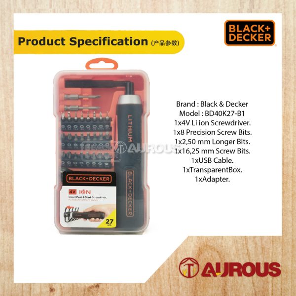 BLACK & DECKER 4V SMART PUSH & START CORDLESS SCREWDRIVER BIT SET BD40K27-B1 - Image 6