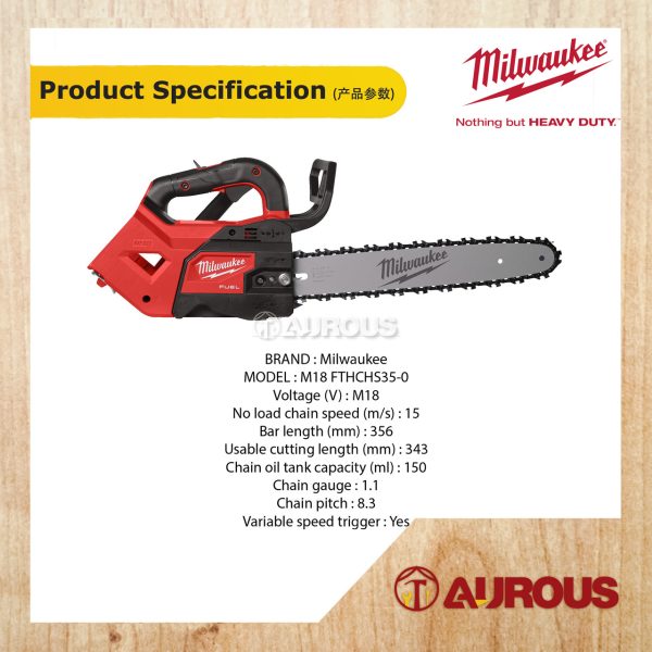 MILWAUKEE M18 FUEL TOP HANDLE CHAINSAW 356MM (14'') M18 FTHCHS35-0G0 (BARE TOOL) - Image 6