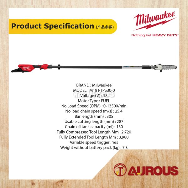 MILWAUKEE M18 FUEL TELESCOPING POLE SAW 305MM (12'') M18 FTPS30-0 (BARE TOOL) - Image 5