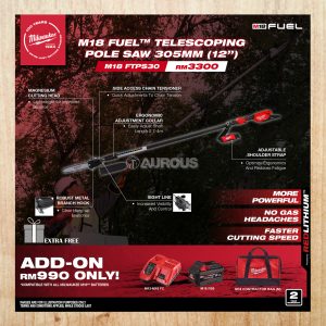 MILWAUKEE M18 FUEL TELESCOPING POLE SAW 305MM (12'') M18 FTPS30-0 (BARE TOOL)