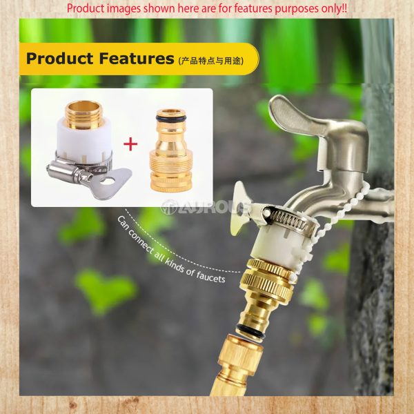 3 IN 1 FAUCET NOZZLE CONNECTOR COPPER SNAP IN TAP PIPE CONNECTOR WITH HOSE CLIP 1/2" - 3/4" (1 SET) - Image 8