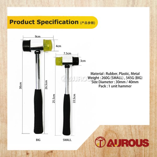 BLACK & YELLOW DOUBLE FACED RUBBER HAMMER MALLET (30MM / 40MM) - Image 7