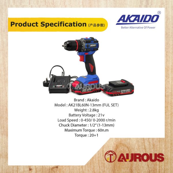 AKAIDO A21BL 21V BRUSHLESS CORDLESS DRILL AK21BL60N-13MM (FULL SET) - Image 4
