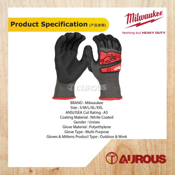 MILWAUKEE HEAVY DUTY IMPACT CUT LEVEL 5 NITRILE DIPPED GLOVES (SIZE: S/M/L/XL/XXL) - Image 2
