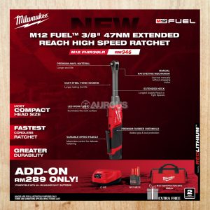 MILWAUKEE M12 FUEL 3/8" 47Nm EXTENDED REACH HIGH SPEED RATCHET M12 FHIR38LR-0 (BARE TOOL)