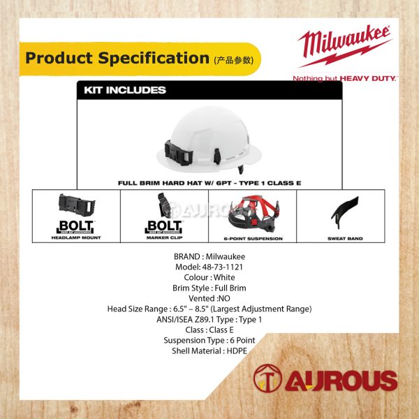MILWAUKEE WHITE BOLT FULL BRIM HARD HAT W/ 6 PT RATCHETING SUSPENSION SAFETY HELMET - TYPE 1, CLASS E (48-73-1121) - Image 5