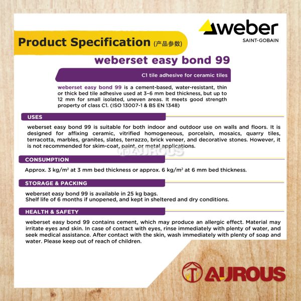 WEBER WEBERSET EASY BOND 99 CEMENT GUM C1 GRADE TILE ADHESIVE FOR CERAMIC TILE (25KG) - Image 4