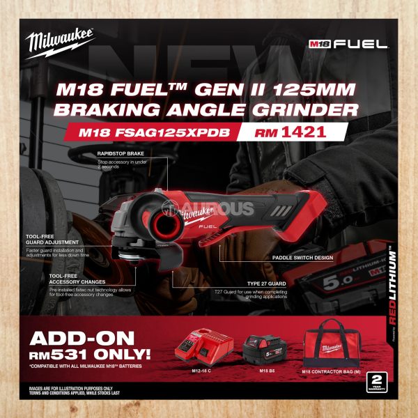 MILWAUKEE FUEL GEN II 5" 125MM BRAKING ANGLE GRINDER M18 FSAG125XPDB-0X0 (BARE TOOL)