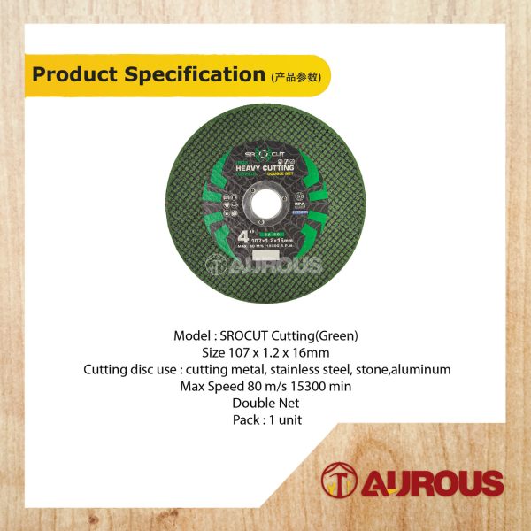 SROCUT INOX FIBRE CUTTING DISC WITH DOUBLE NET 4'' 107MM X 1.2MM X16MM (GREEN) - Image 3