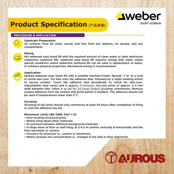 WEBER WEBERSET EASY BOND 99 CEMENT GUM C1 GRADE TILE ADHESIVE FOR CERAMIC TILE (25KG) - Image 5