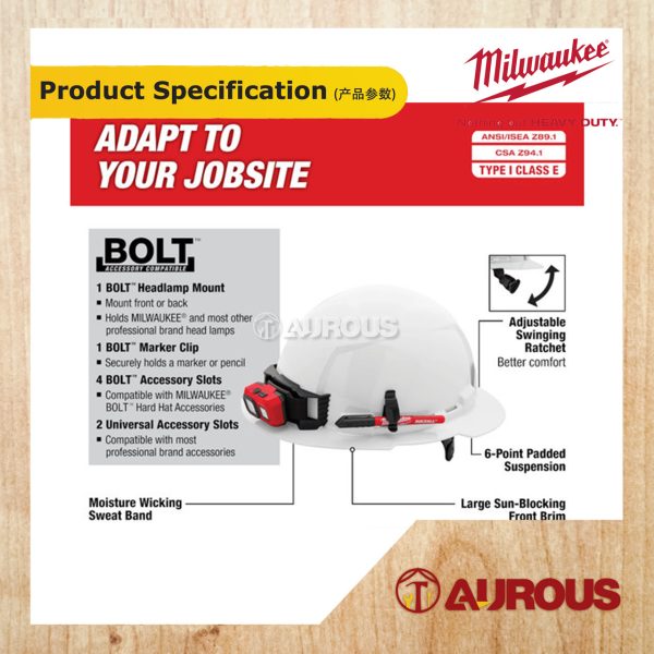 MILWAUKEE WHITE BOLT FULL BRIM HARD HAT W/ 6 PT RATCHETING SUSPENSION SAFETY HELMET - TYPE 1, CLASS E (48-73-1121) - Image 6