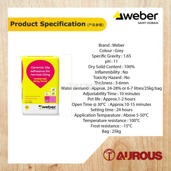 WEBER WEBERSET EASY BOND 99 CEMENT GUM C1 GRADE TILE ADHESIVE FOR CERAMIC TILE (25KG) - Image 3