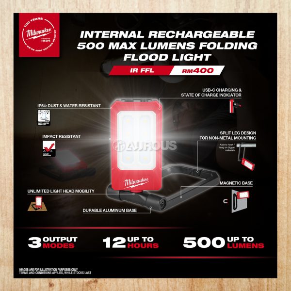 MILWAUKEE INTERNAL RECHARGEABLE 500 MAX LUMENS FOLDING FLOOD LIGHT (IR FFL-0)
