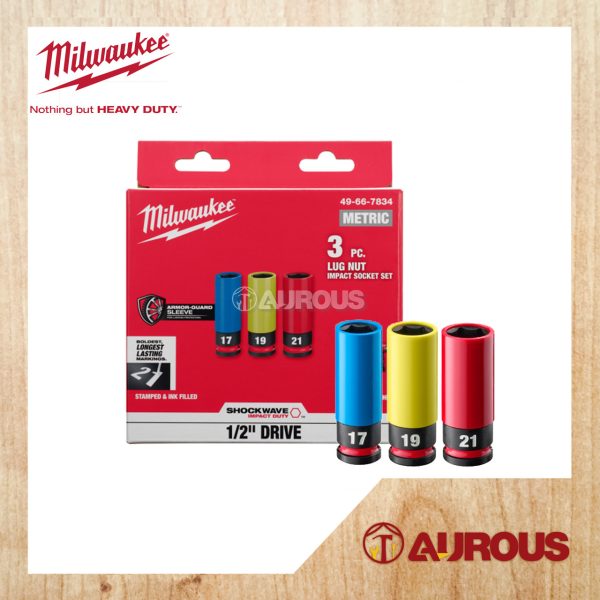 MILWAUKEE AUTOMOTIVE SPANNER SOCKET LUG NUT SET 17, 19, 21MM (1/2'' SOCKET SIZE) 49-66-7834