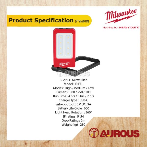 MILWAUKEE INTERNAL RECHARGEABLE 500 MAX LUMENS FOLDING FLOOD LIGHT (IR FFL-0) - Image 6