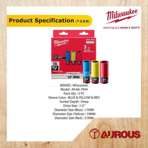 MILWAUKEE AUTOMOTIVE SPANNER SOCKET LUG NUT SET 17, 19, 21MM (1/2'' SOCKET SIZE) 49-66-7834 - Image 4