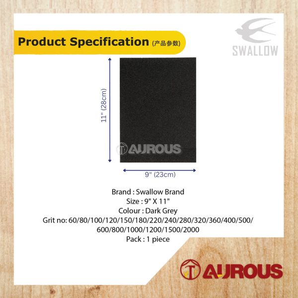 SWALLOW WATERPROOF ABRASIVE SANDPAPER SIZE 9'' X 11'' (GRIT 60-2000) (1 PIECE) - Image 4