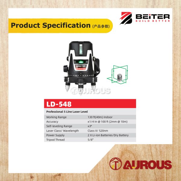 BEITER AUTO LASER 5 LINE LASER LEVEL LD-548 GREEN + PREMIUM ALUMINIUM ELEVATING TRIPOD 1.5M T145 (BLACK) - Image 7