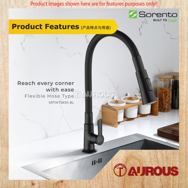 SORENTO FLEXIBLE HOSE PILLAR/WALL MOUNTED SINK TAP KITCHEN TAP SRTWT5830-BL/SRTWT5831-BL - Image 5