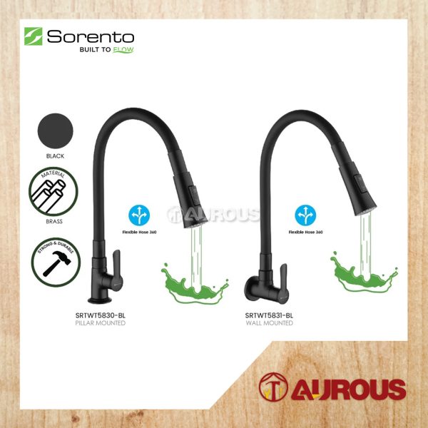 SORENTO FLEXIBLE HOSE PILLAR/WALL MOUNTED SINK TAP KITCHEN TAP SRTWT5830-BL/SRTWT5831-BL