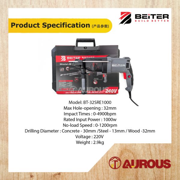 BEITER 3 MODE 3 IN 1 ROTARY HAMMER 1000W 32MM BT-32SRE1000 - Image 6