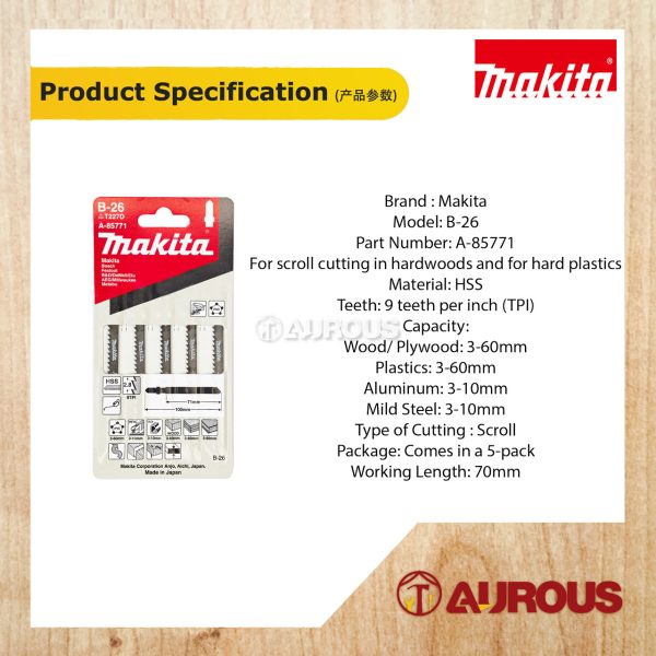 MAKITA WOOD JIG SAW BLADE B-26 HARDWOOD A-85771 (5PC/SET) - Image 4