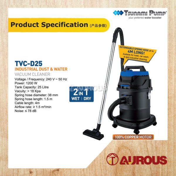 TSUNAMI PUMP 2 IN 1 INDUSTRIAL DUST & WATER VACUUM CLEANER TVC-D25 1200W (100% COPPER MOTOR) - Image 4