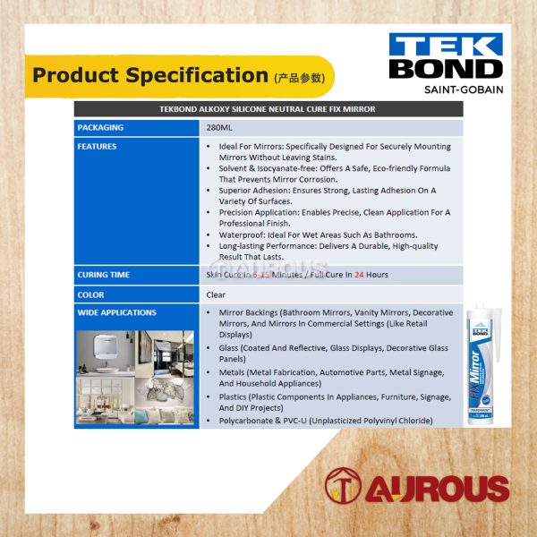 TEKBOND ALKOXY NEUTRAL CURE FIX MIRROR SILICONE SEALANT 280ML - Image 2