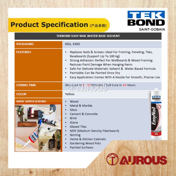 TEKBOND EASYNAIL WATER BASED SOLVENT CONSTRUCTION ADHESIVE - YELLOW 330G - Image 2