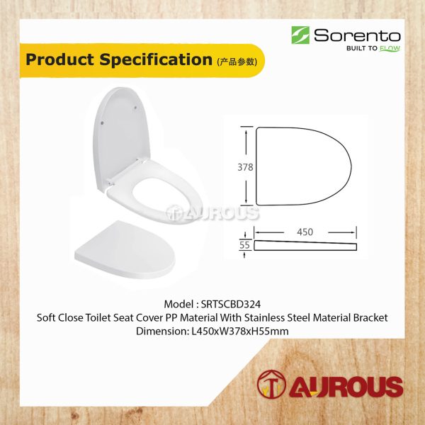 SORENTO SOFT CLOSE TOILET BOWL SEAT COVER PP MATERIAL C/W STAINLESS STEEL BRACKET SRTSCBD324 (L450xW378xH55mm) - Image 4