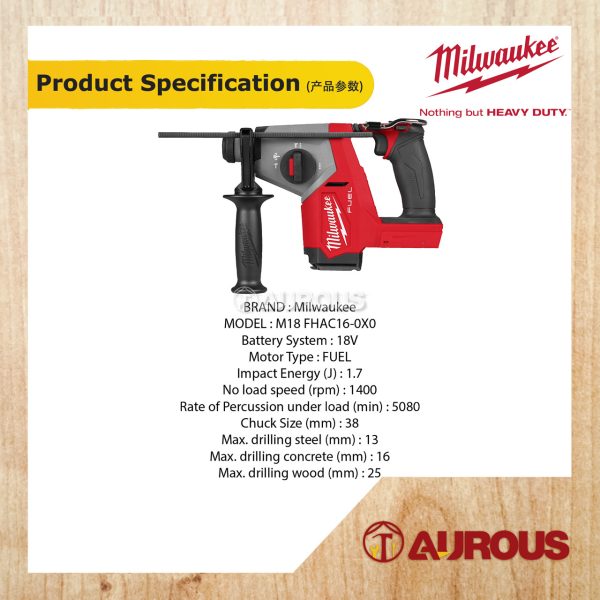 MILWAUKEE M18 FUEL 16MM 1.7 JOULE SDS-PLUS ROTARY HAMMER M18 FHAC16-0X0 (BARE TOOL) - Image 5