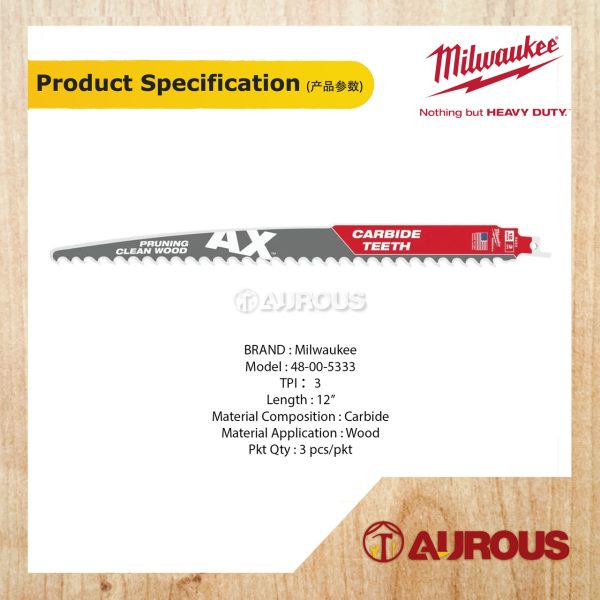 MILWAUKEE 12'' 3TPI AX PRUNING SAWZALL BLADE WITH CARBIDE TEETH 48-00-5333 (3 PCS/PKT) - Image 3